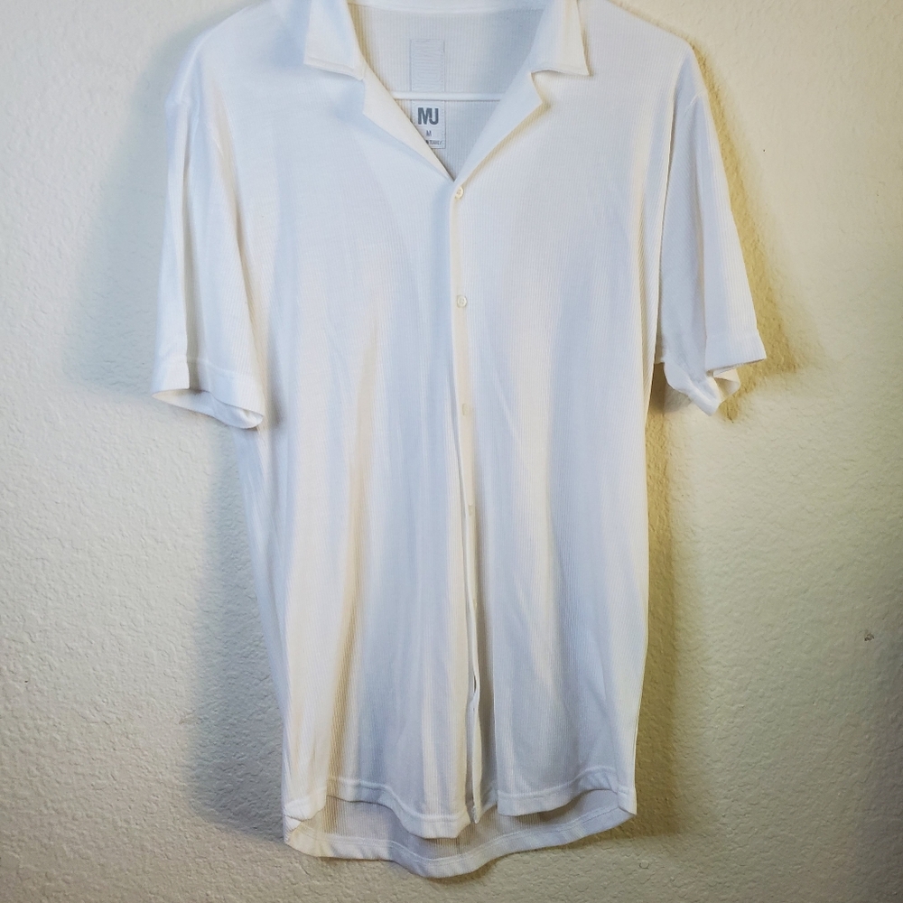 MJ Mens‎ White Ribbed Collar Button Front Short Sleeve Dress Shirt Medium